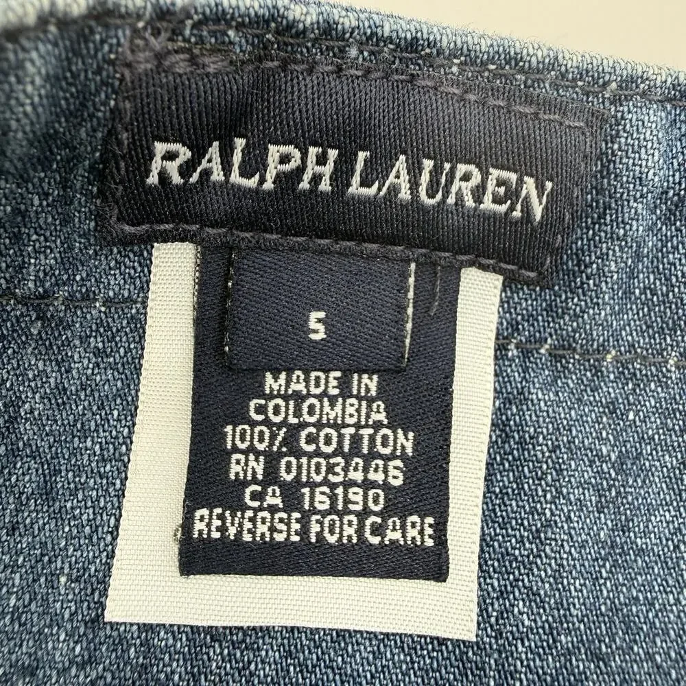 Vintage Girls 5 RALPH LAUREN Polo Teddy Bear Y2K Denim Jumper Dress Blue Jean